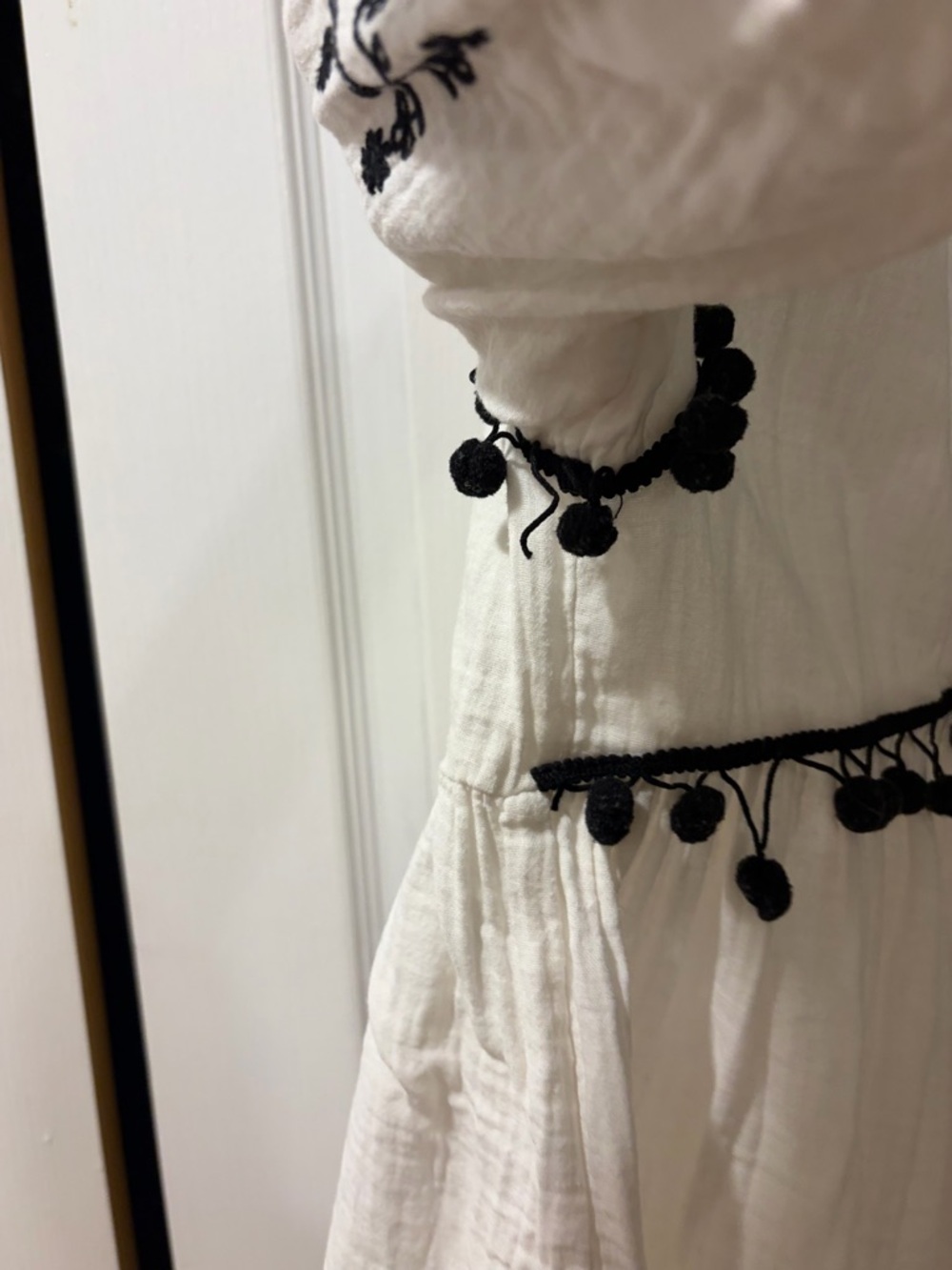 Zara Trafaluc Boho Embroidered Blouse | Pom Trim Peplum Top | Size L - Picture 5 of 7